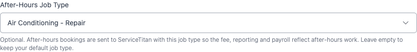 Field service management settings form with the After-Hours Job Type picker and its help text