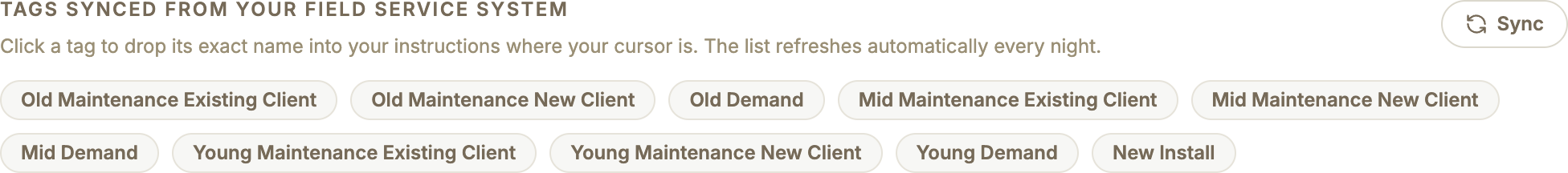 Tag pills synced from ServiceTitan with a Sync button