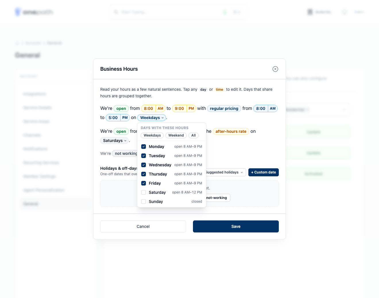 Day picker popover with Monday–Friday checked and per-day open/closed state