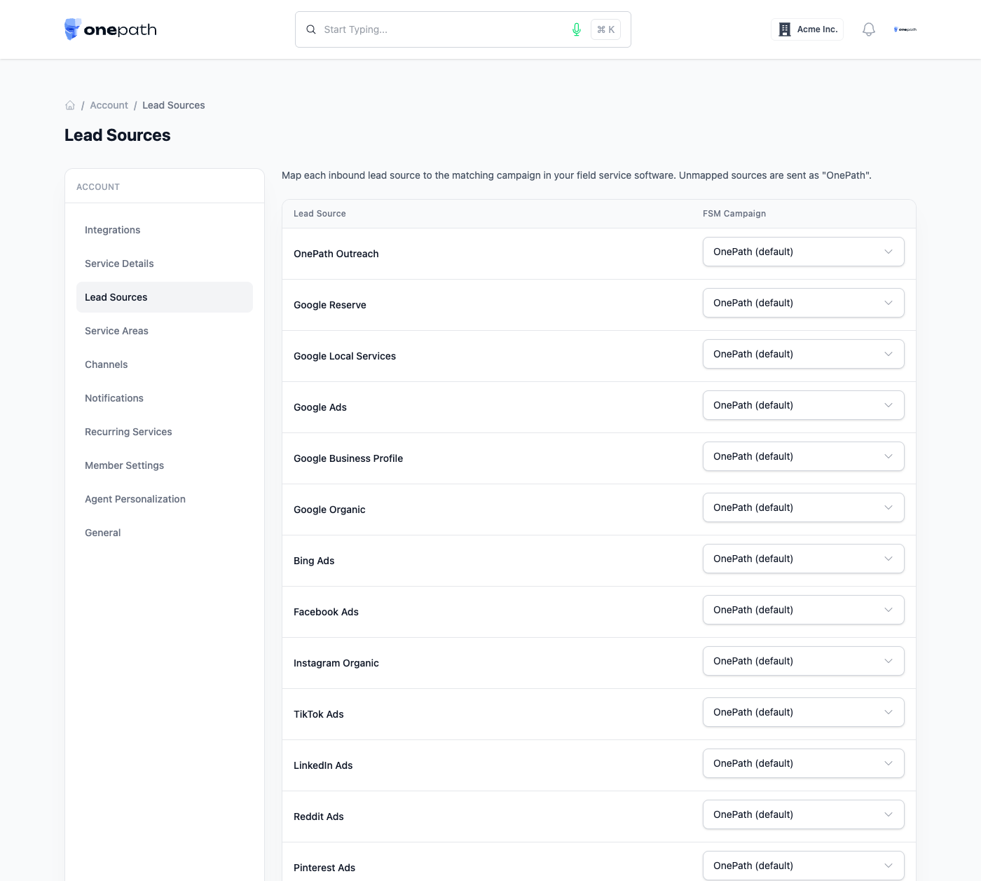 Lead Sources page: a table of inbound lead sources, each with an FSM Campaign dropdown defaulting to OnePath (default)