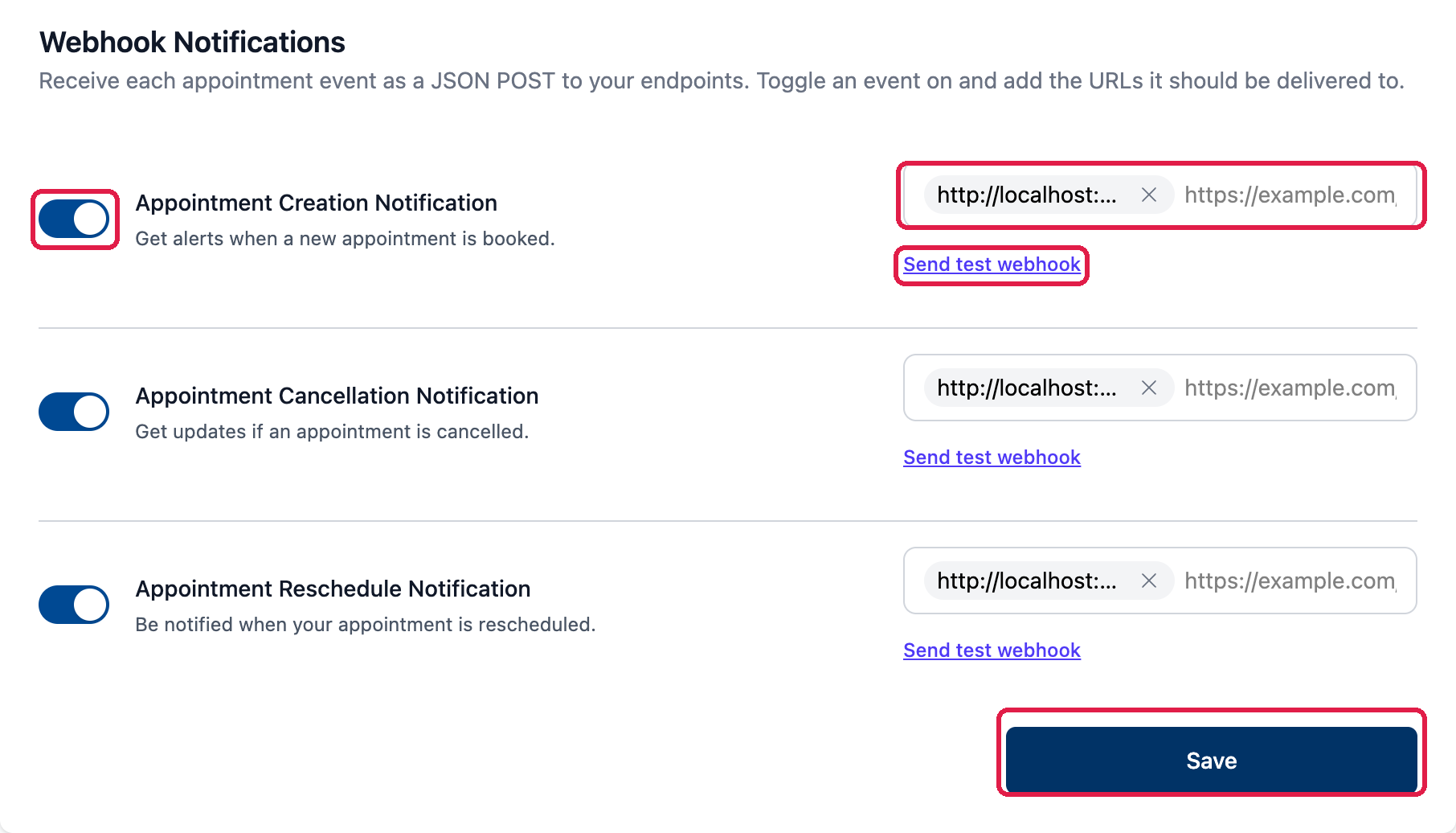 Webhook Notifications section with event toggles, endpoint URL fields and Send test webhook links