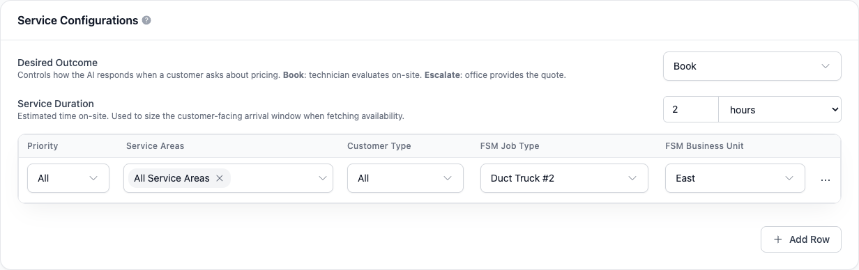 Service Configurations card with Desired Outcome, Service Duration and the mapping table