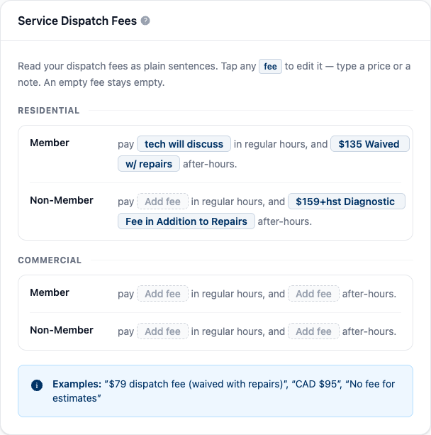 Service Dispatch Fees card where each fee is an editable token inside a plain-language sentence, grouped by Residential and Commercial, Member and Non-Member