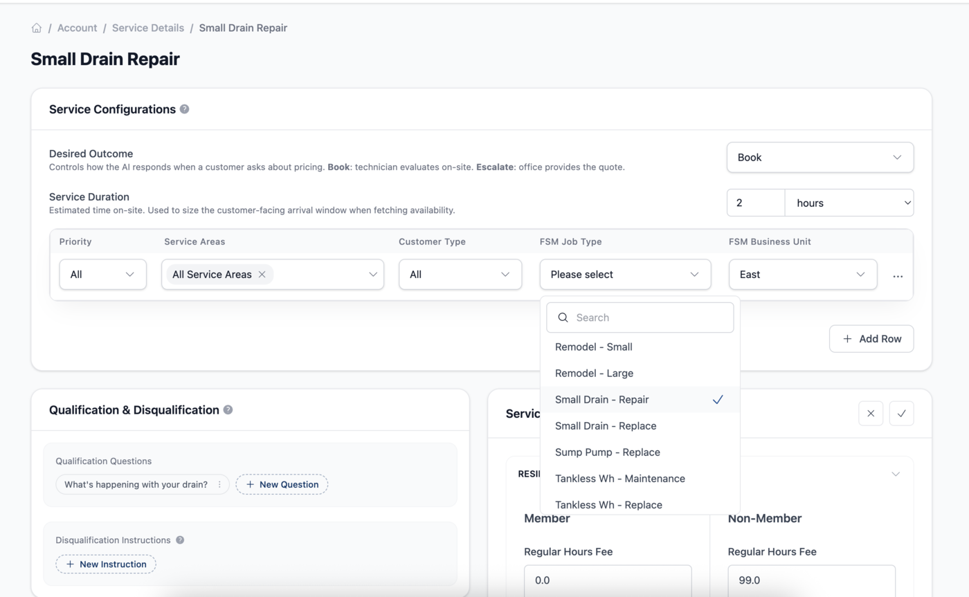 Open FSM Job Type dropdown listing the currently valid job types with a search box