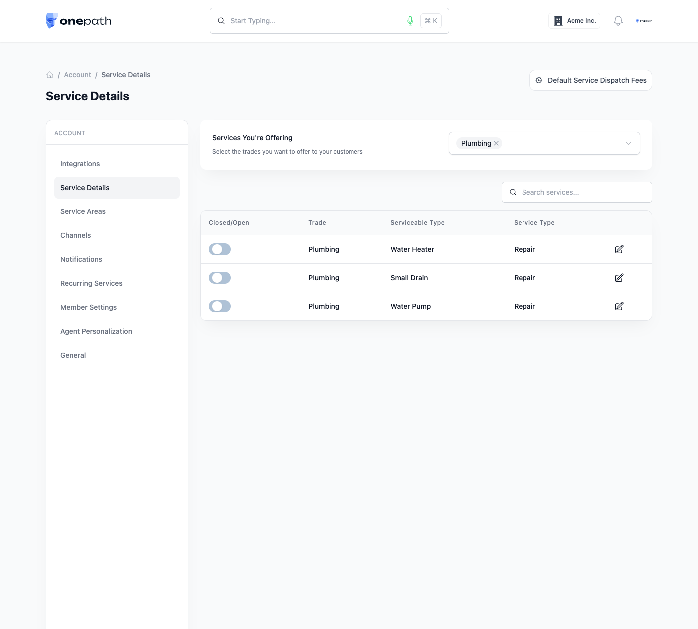 Service Details list with trade picker, search, open/closed toggles and an Edit button per service