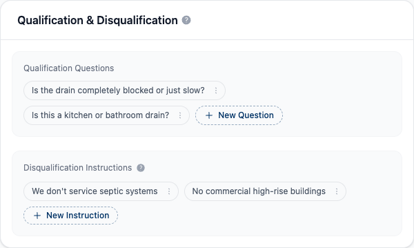 Qualification & Disqualification card showing qualification questions and disqualification instructions as editable pills, each with a New button
