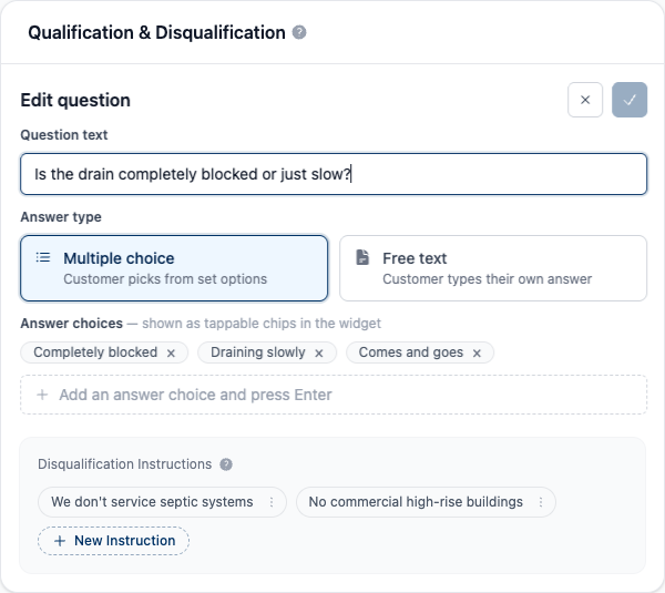 Inline question editor with a question text field, Multiple choice / Free text answer type, and answer-choice chips