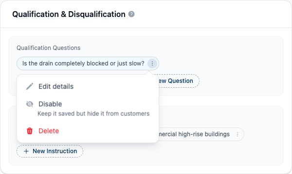 Pill action menu with Edit details, Disable and Delete options