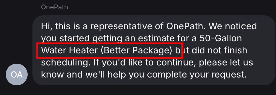Follow-up text message naming the package the visitor selected