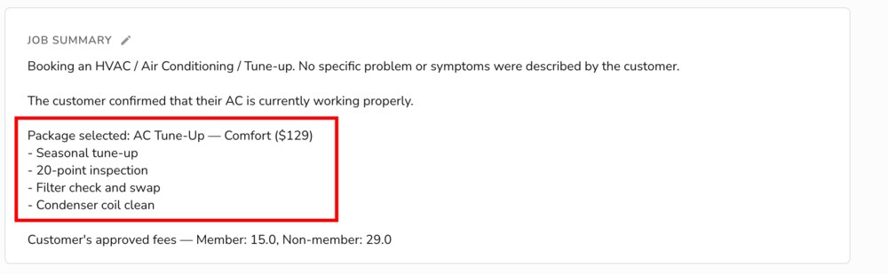 Job summary listing the selected package and its line items
